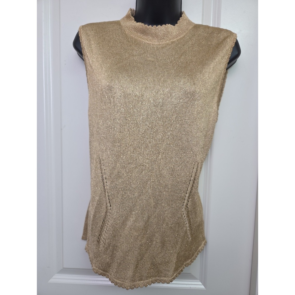 Vintage 2001 ST. JOHN Knit Gold Metallic Sleeveless Mock Neck Sweater Size M